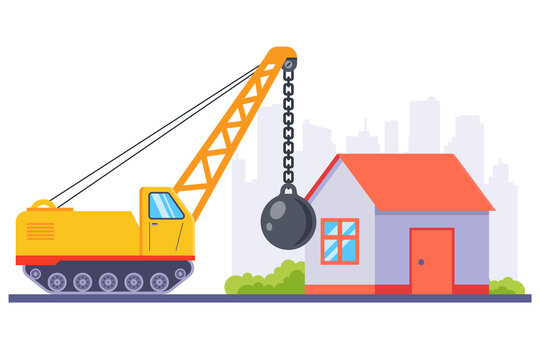 yellow construction machinery demolishes an old house with a large metal ball. flat vector illustration.