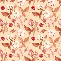 Seamless pattern with cotton, rosebuds, leaves, cherries, pepper and linden on a caramel yellow background. Beautiful and warm design for fabric, wallpaper, home decor, merchandise and more. 