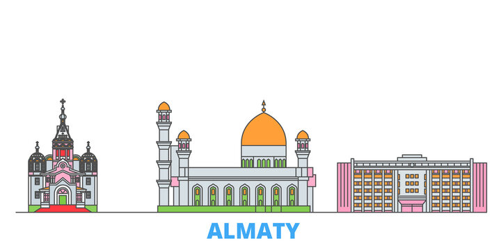 Kazakhstan, Almaty Cityscape Line Vector. Travel Flat City Landmark, Oultine Illustration, Line World Icons