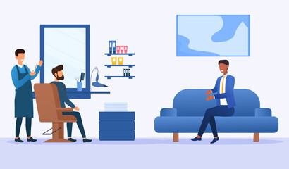Obraz premium Barbershop, hairdresser service concept. Hairdresser holding scissors doing haircut for young man. Another man waiting on sofa. Barbershop interior. Cartoon flat vector illustration