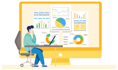 Businessman working and analyzing financial statistics. The marketer studies information about the metrics on the background. Freelance guy with laptop. Business data analysis. Mental office work