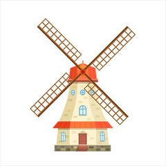 Windmill, traditional rural windmills. Agriculture tower. Isolated flat icon. Vector illustration.