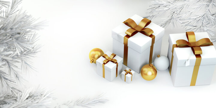Christmas composition on a black background. Gift boxes and Christmas tree. 3d render