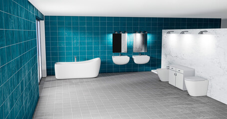 Contemporary bathroom with light blue tiles, 3D illustration
