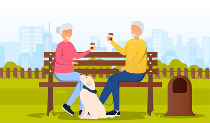 Happy senior couple character with dog sitting on bench in city urban park. Old man and woman drinking coffee. grey-haired people rest. Flat cartoon vector illustration