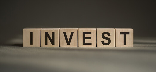 The word "INVEST" on wooden cubes on a gray background.
