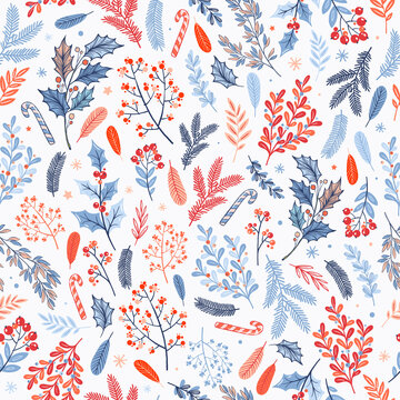 Vector seamless christmas pattern with floral elements. Christmas plants drawn in doodle style. Vintage, holly, tree, spruce branch, berries