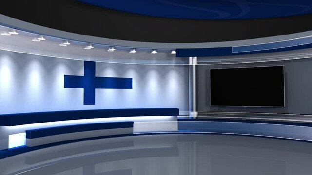 TV studio. Finland flag studio. Finland flag background. News studio. The perfect backdrop for any green screen or chroma key video or photo production. 3d render. 3d