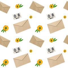 Seamless festive pattern for International Women's Day. Pattern with the 8 March calendar, envelopes and flowers.