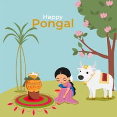 Indian woman and cow with Pongal rice for Happy Pongal festival