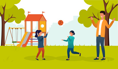 Family father with his daughters resting, spending leisure time outdoors. Man and little girls playing with ball on lawn in green city park. Happy cartoon characters. Flat vector illustration