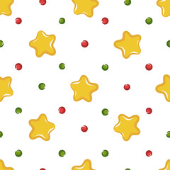Vector seamless pattern with festive confetti stars and beads. Red, green, yellow colors on white background. Good for wrapping paper, celebration cards, textile, etc.