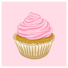 Illustration of light pink cupcake isolated on pastel pink background. Sweet and cute cartoon cupcake. Good for cards, prints, hang tags, stickers etc. Classic cupcake with cream cheese frosting.