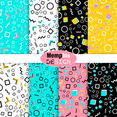 Set of Doodle Fun Seamless Patterns. Memphis Style. Colorful Funky Background.