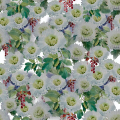 Beautiful white chrysanthemums and barberry on a watercolor background. Seamless hand draw watercolor illustration. Textile composition, fashion, garden, print template design, fabric, wallpaper and b