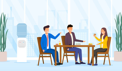 Lunch time concept. Colleagues having break for lunch with coffee and sweets. Happy workers in workplace. People work in office. Corporate culture in office space. Flat cartoon vector Illustration