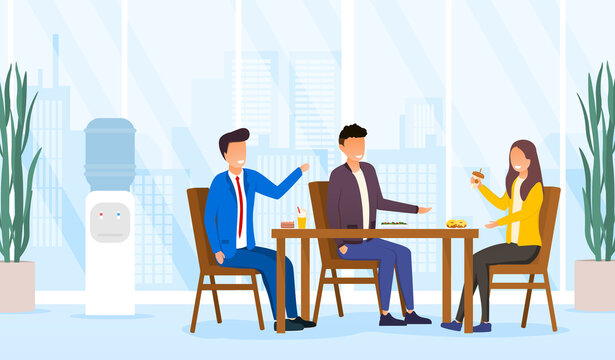 Lunch Time Concept. Colleagues Having Break For Lunch With Coffee And Sweets. Happy Workers In Workplace. People Work In Office. Corporate Culture In Office Space. Flat Cartoon Vector Illustration