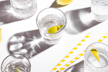 Mineral water with lemon on white background. Hard light