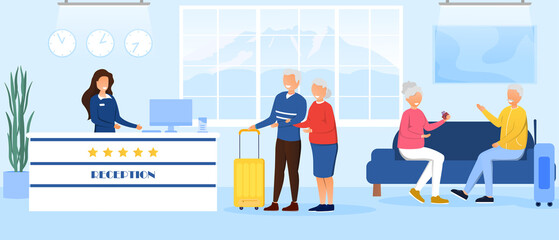 Old people accommodation in hotel. Hotel booking concept. Service on vacation. Old people came to rest. Rest at resort for elderly. Cartoon flat vector illustration