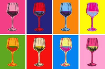Wine Glass Hand Drawing Vector Illustration Alcoholic Drink. Pop Art Style. artificial art