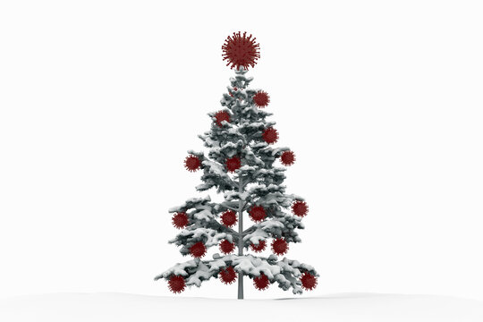 Christmas pine tree decorated with shiny red color covid-19 virus ornaments 3D rendered concept image