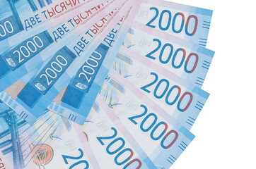 2000 russian rubles bills lies isolated on white background with copy space stacked in fan shape...