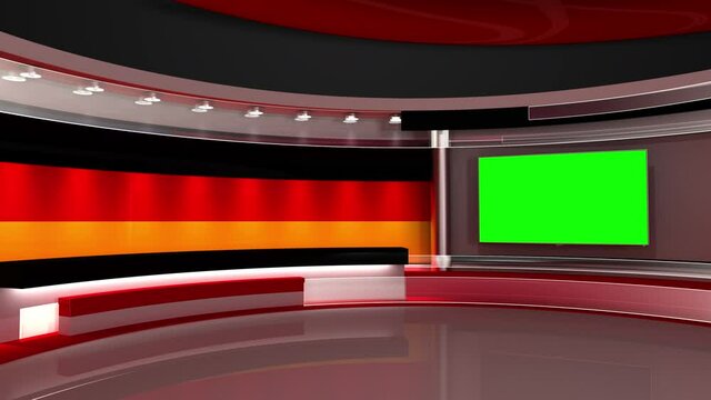 TV studio. Germany flag studio. Germany flag background. News studio. The perfect backdrop for any green screen or chroma key video or photo production. 3d render. 3d