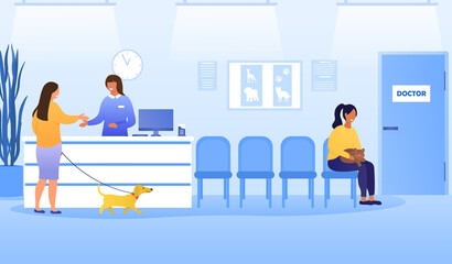 Veterinary clinic visitors with animals. People with dogs and cats, pet owners waiting for doctor appointment, administrator or nurse registering clients on reception. Flat cartoon vector illustration