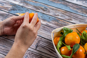 hands peeling tangerines