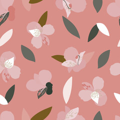 Vector seamless pattern with flowers in a pink background.