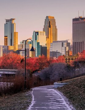 View of the Minneapolis Skyline from a River Walk during the Autumn season