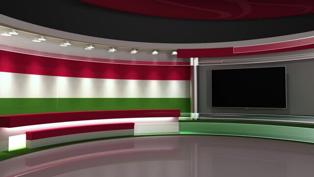 TV studio. Hungary flag studio. Hungary flag background. News studio. The perfect backdrop for any green screen or chroma key video or photo production. 3d render. 3d
