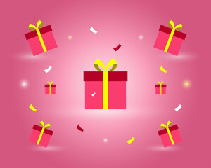 Holiday vector banner with gift boxes, lights and falling confetti