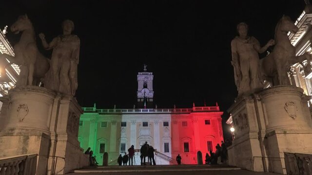 Piazza del Campidoglio, at the top of the Campidoglio hill, with the statues of Castor and Pollux. Rome, Lazio, Italy, Europe.