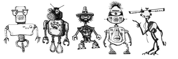 Team of robots. Vintage toys. Ink drawing.