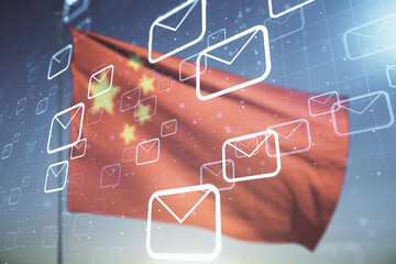 Abstract virtual postal envelopes hologram on Chinese flag and blue sky background, email and notification concept. Multiexposure