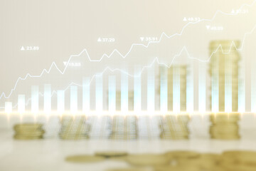 Double exposure of abstract creative financial chart hologram on growing stacks of coins background, research and strategy concept
