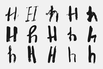 Letter H written by hand. Black letter H written in grunge calligraphy. Different versions of the font are hand-drawn in a careless style. Vector eps illustration.