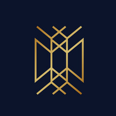 Geometric logo.Decorative abstract icon.Golden metallic motif isolated on dark background.Elegant design elements for branding.High end business luxury style symbol.Intertwined lines angular sign.