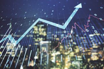 Multi exposure of virtual abstract financial graph and upward arrow on blurry skyscrapers background, financial and trading concept