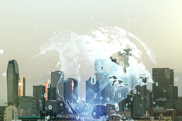 Abstract virtual coding concept and world map hologram on Los Angeles skyline background. Multiexposure