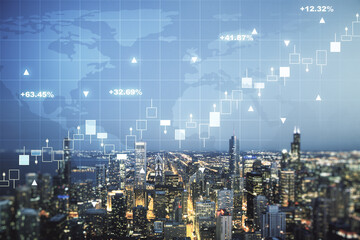 Abstract creative financial graph interface and world map on Chicago skyline background, forex and investment concept. Multiexposure