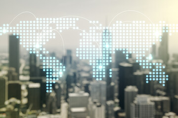 Abstract virtual world map with connections on blurry skyline background, international trading concept. Multiexposure