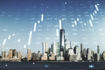 Fototapeta na wymiar Multi exposure of creative statistics data hologram on New York city skyscrapers background, stats and analytics concept