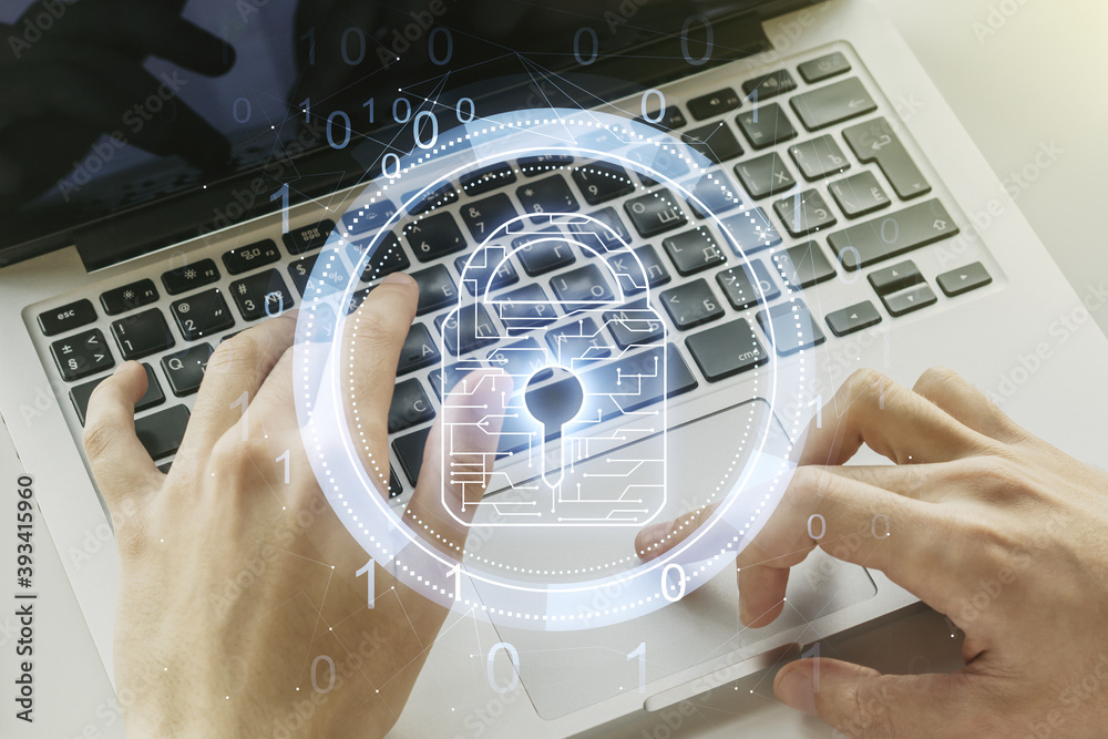 Poster creative idea concept with lock symbol and microcircuit illustration and hands typing on laptop on b
