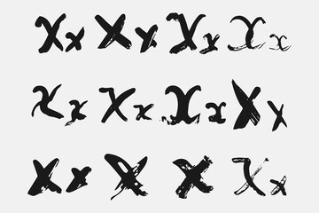 Letter X written by hand. Black letter X written in grunge calligraphy. Different versions of the font are hand-drawn in a careless style. Vector eps illustration.