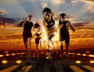 Man and woman on runway background. Sports banner