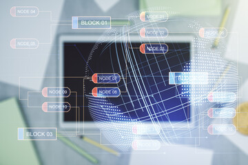 Abstract creative coding concept with world map and modern digital tablet on background, top view. Multiexposure