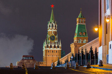 Night view on Moscow Kremlin and Spasskaya tower.