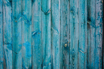 Vintage wooden background with faded turquoise peeling paint.